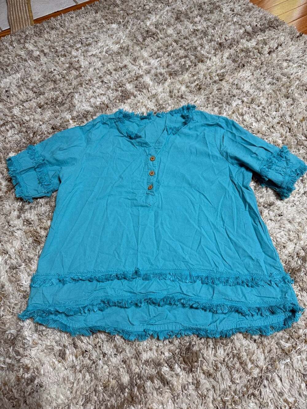 Turquoise Cotton Linen V-Neck Short Sleeve Blouse with Frayed Fringe Hem